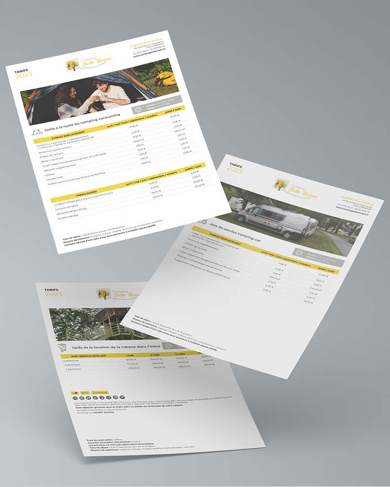 Flyer tarifs papier pour camping - création print Nantes