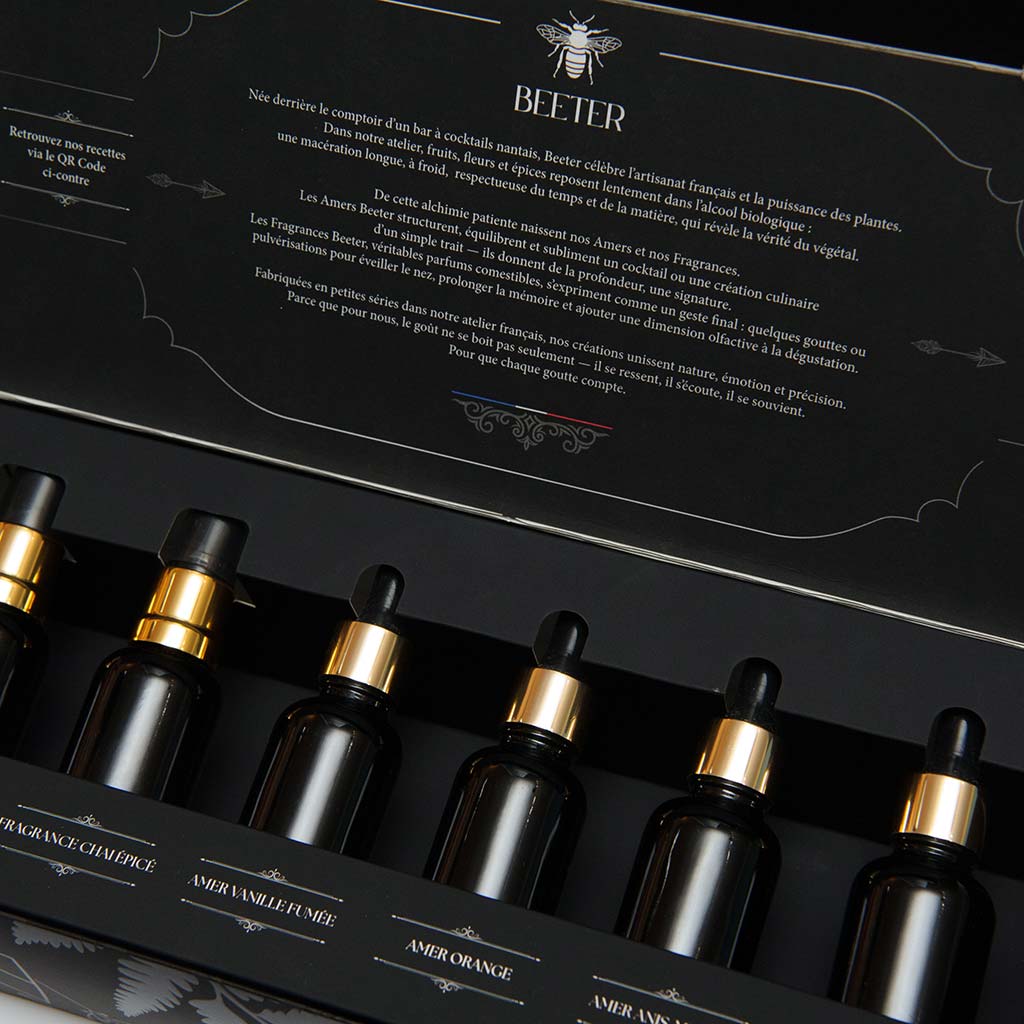 Flacons de cocktails Beeter dans leur coffret de dégustation