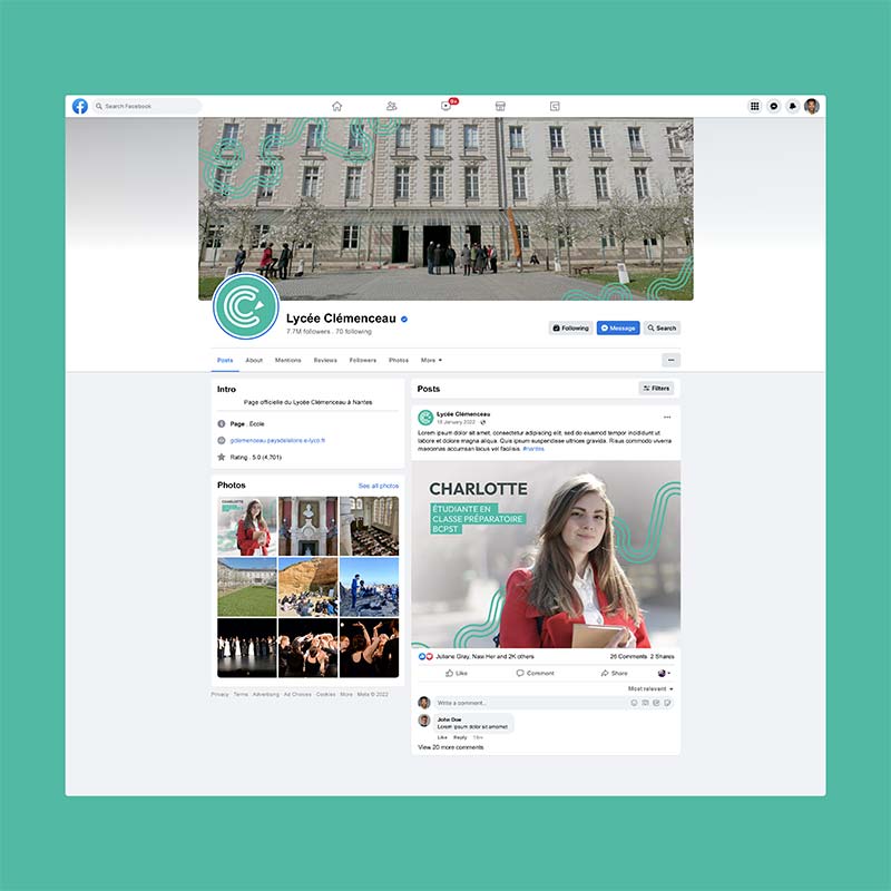 Graphisme de la page Facebook du Lycée Clemenceau avec nouvelle identité