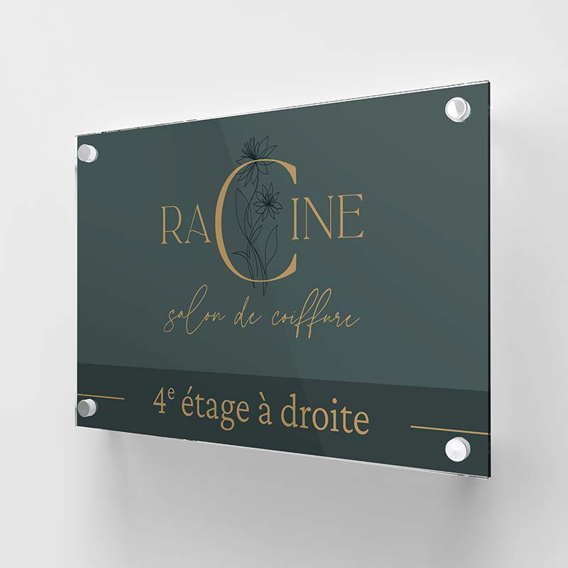 Plaque professionnelle personnalisée pour le salon Racine Coiffure
